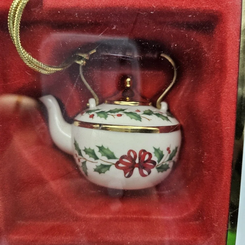 Lenox Holiday Tea Kettle Ceramic Hanging Ornament Holly Pattern Christmas